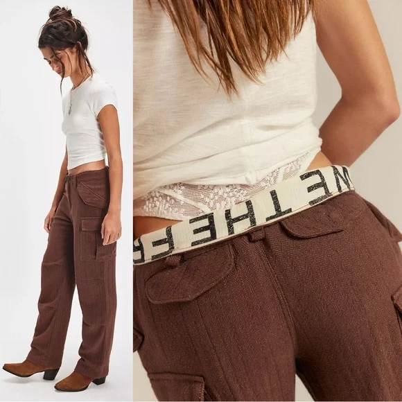 Free People Herringbone Textured Dark Academia Brown Cargo Pants Size 12 NWT - Picture 6 of 17